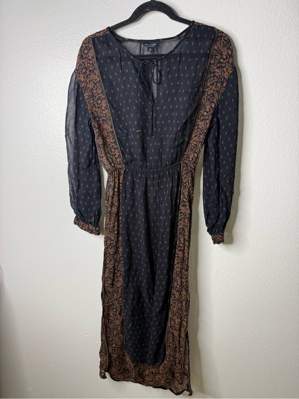 Lucky Brand Sheer Boho Midi Dress Black Brown Festival WhimsiGoth Romantic S - Picture 2 of 10